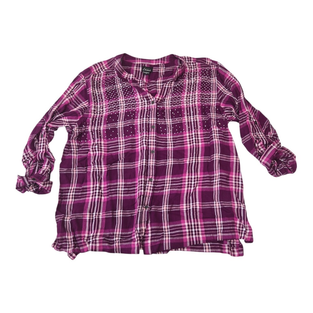 Simply Emma Women's Purple‎ Plaid Rhinestone Embellished Button Up Shirt Size 2X